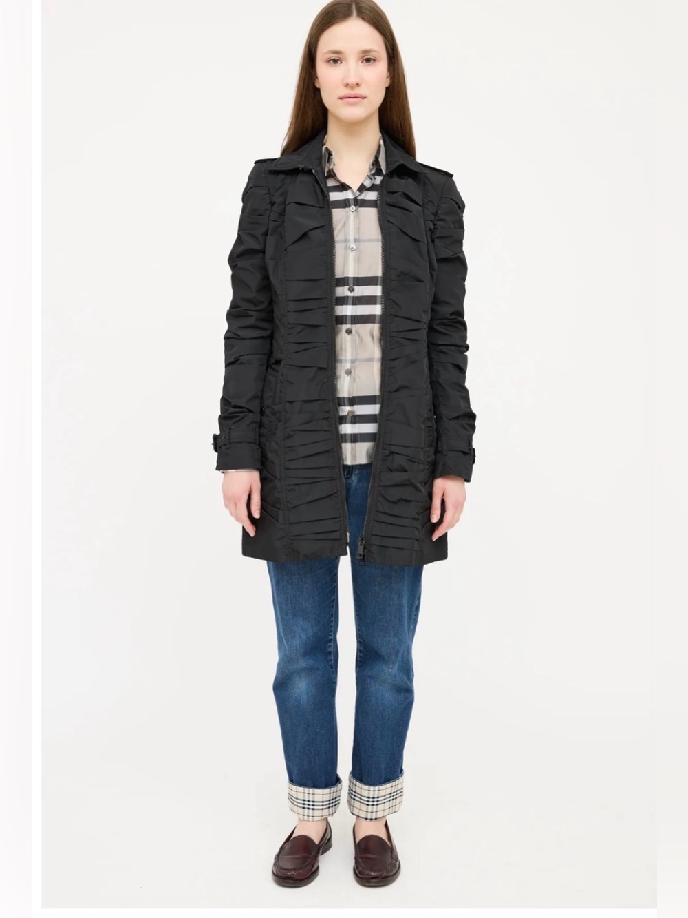 Burberry Nylon Ruched Coat black size 6 missing belt